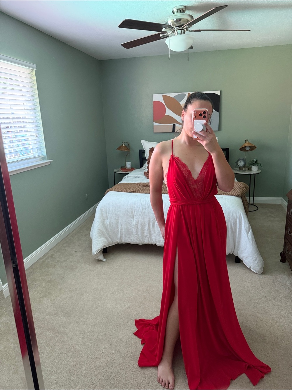 Luxxel Red Chiffon Halter Gown with Lace Bodice and 2 Thigh Slit